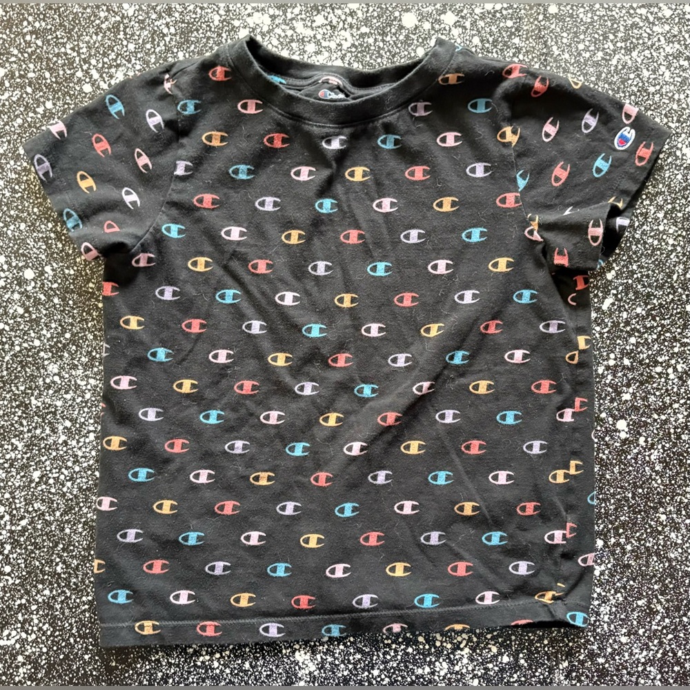 Champion Kids' AOP Black Tee with Colorful Logo Pattern